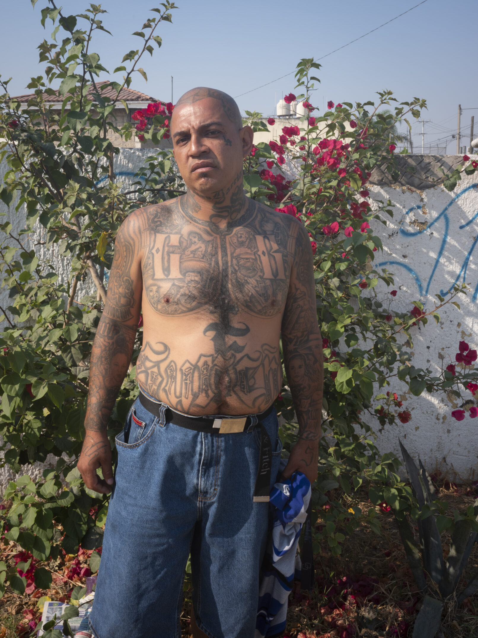 A shirtless man with tattoos covering his chest and belly. He stands against a bright pick and green