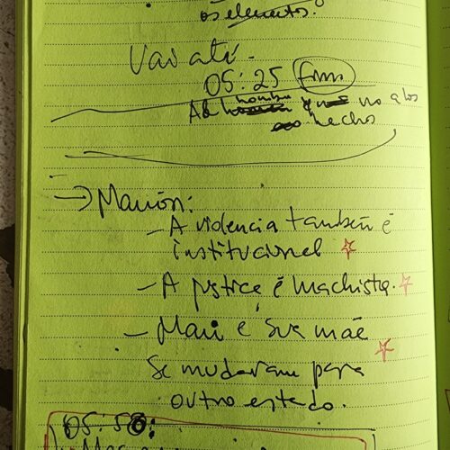 Processo de criação do lírico da peça sonora NO NOS CREEN: pós-produção, decupagem das vozes de Marion e Paula, partitura: marcação e separação das vozes, email sobre gravação da voz de Paula Arrieta, edição e masterização no estúdio Cadela Records com o produtor de som Nando Barth. Porto Alegre, Brasil.