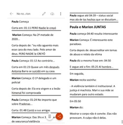 Processo de criação do lírico da peça sonora NO NOS CREEN: pós-produção, decupagem das vozes de Marion e Paula, partitura: marcação e separação das vozes, email sobre gravação da voz de Paula Arrieta, edição e masterização no estúdio Cadela Records com o produtor de som Nando Barth. Porto Alegre, Brasil.