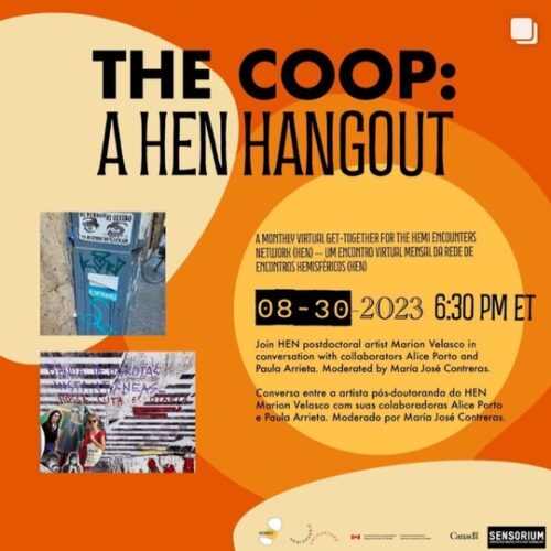 Evento internacional The Coop_HEN Hangout; colagem com as participantes da LIVE de encerramento do pos-doutorado (Marion Velasco – Porto Alegre, Brasil, Maria José Contreras-New York, Alice Porto-Pelotas, Brasil e Paula Arrieta-Santiago, Chile); captura de tela com participantes e audiência. Lançamento da peça sonora NO NOS CREEN e do livro eletrônico Banda de Garotas Instantâneas:nossa luta é diária.