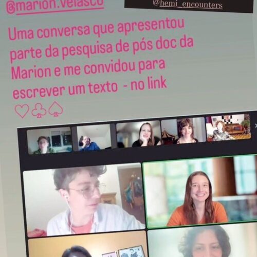 Evento internacional The Coop_HEN Hangout; colagem com as participantes da LIVE de encerramento do pos-doutorado (Marion Velasco – Porto Alegre, Brasil, Maria José Contreras-New York, Alice Porto-Pelotas, Brasil e Paula Arrieta-Santiago, Chile); captura de tela com participantes e audiência. Lançamento da peça sonora NO NOS CREEN e do livro eletrônico Banda de Garotas Instantâneas:nossa luta é diária.